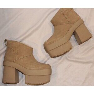 UGG NEW HEIGHTS PLATFORM MINI SUEDE‎ WOMEN'S BOOTS NIB MSD TAN
